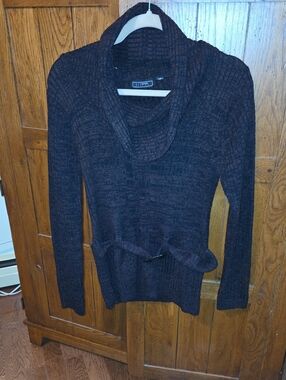 Effeci Dark Brown Cowl Neck Belted Ribbed Sweater